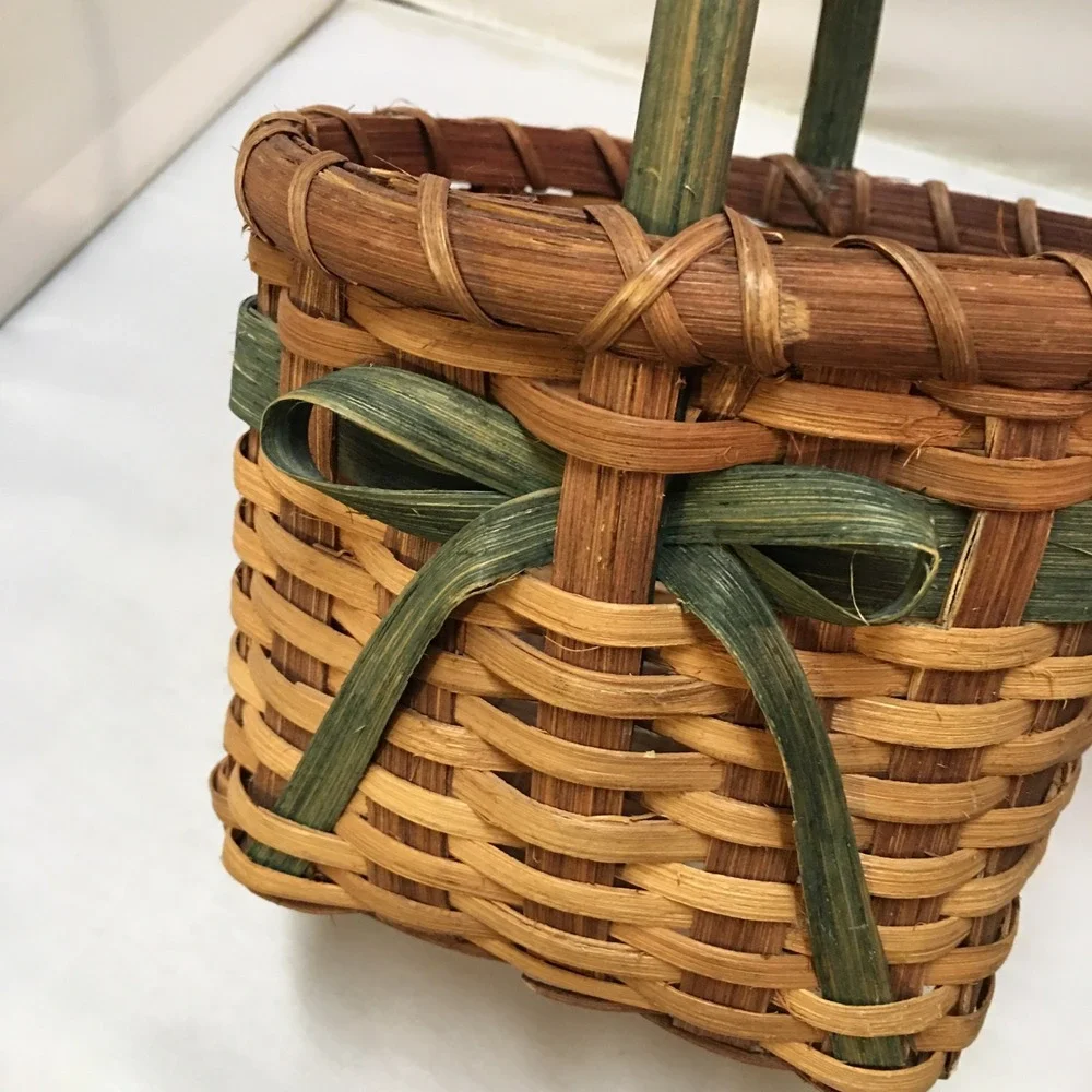 Woven Wood Basket Small Brown Green Bow Handle Rustic Decor Farmhouse Country